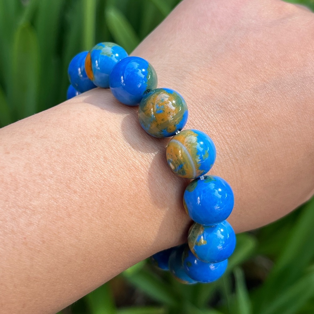 14mm stretchable blue earth pattern agate bracelet - Picture 2 of 13